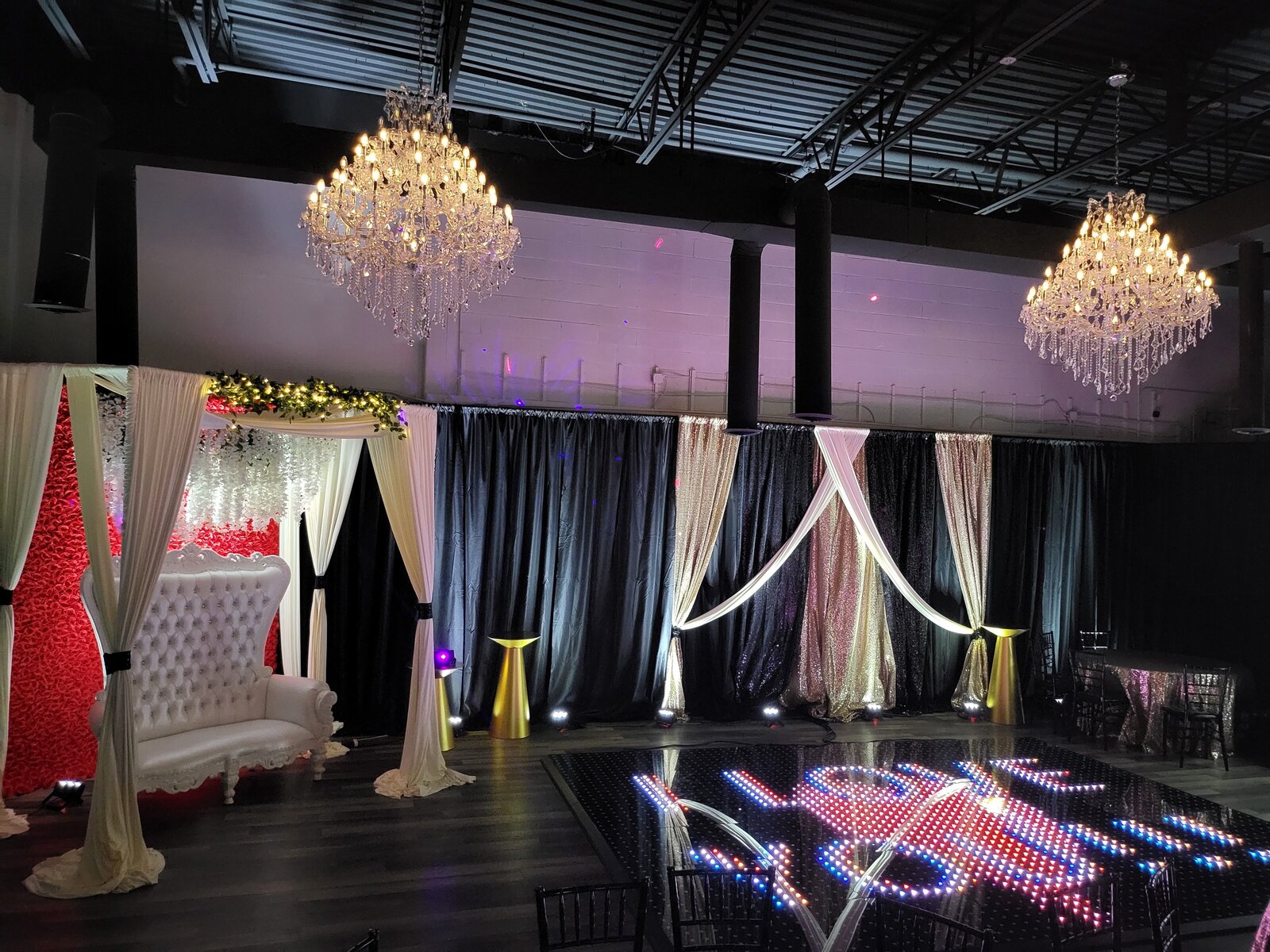 Wedding Event with LED dance Floor Canopy Backdrop in Metro Detroit Venue Space