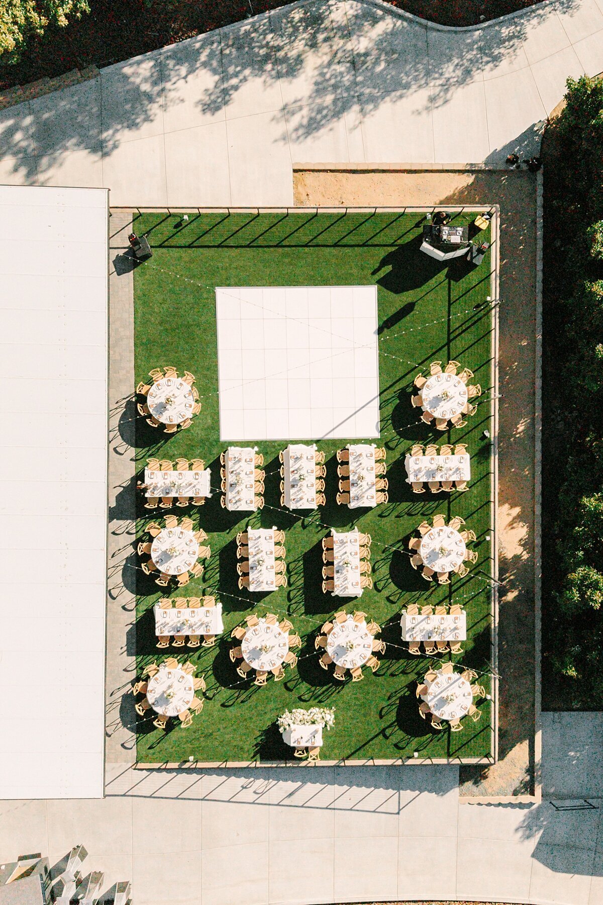 Drone wedding reception detail photo taken at the Terrace venue at Rancho Guejito Vineyard.