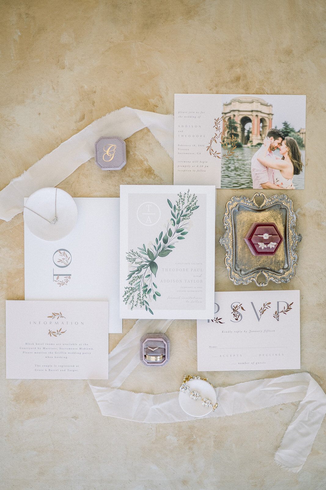 Elegant Wedding invitation  Flat Lay  at Vizcaya Sacramento