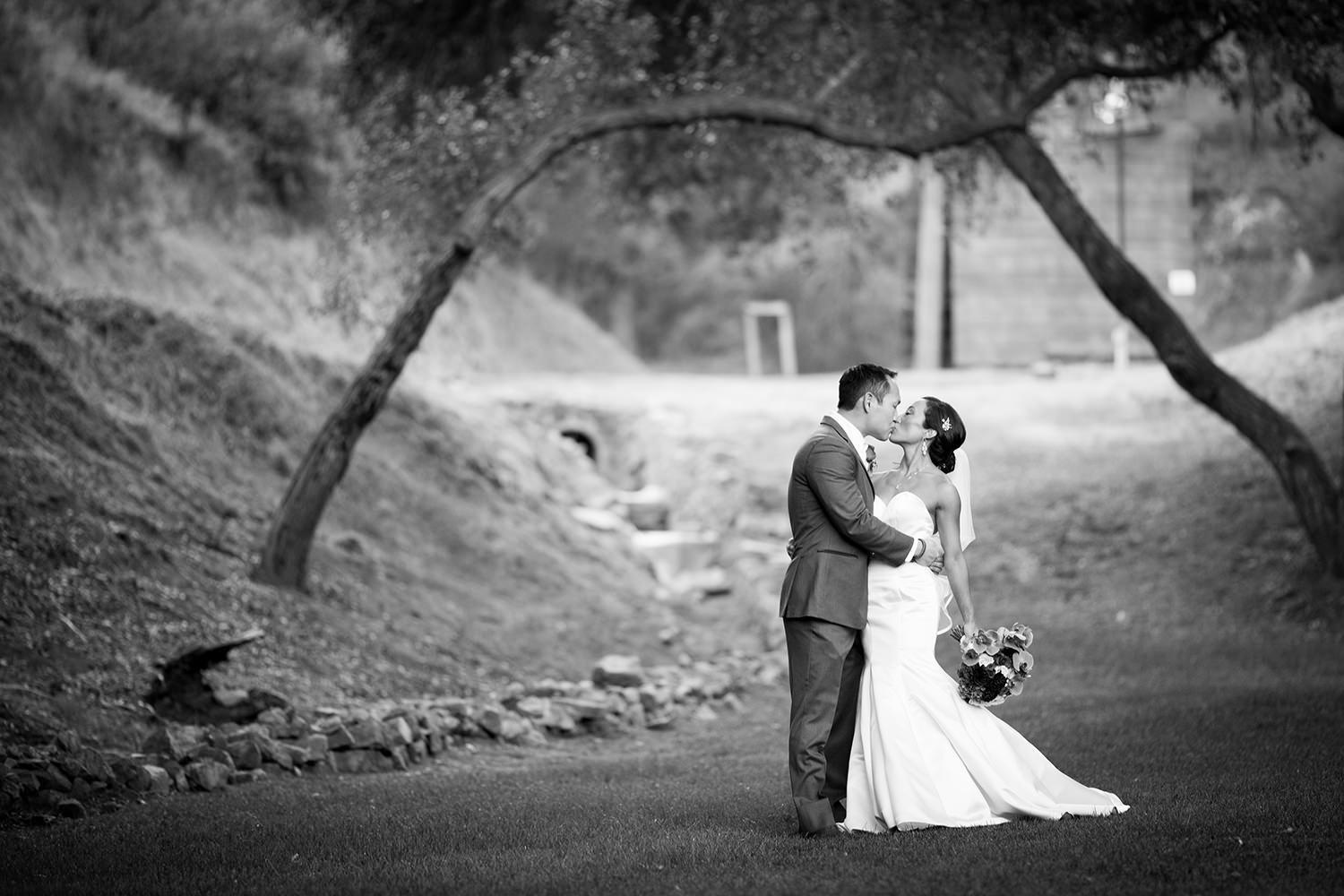 romantic black and white with bride and groom