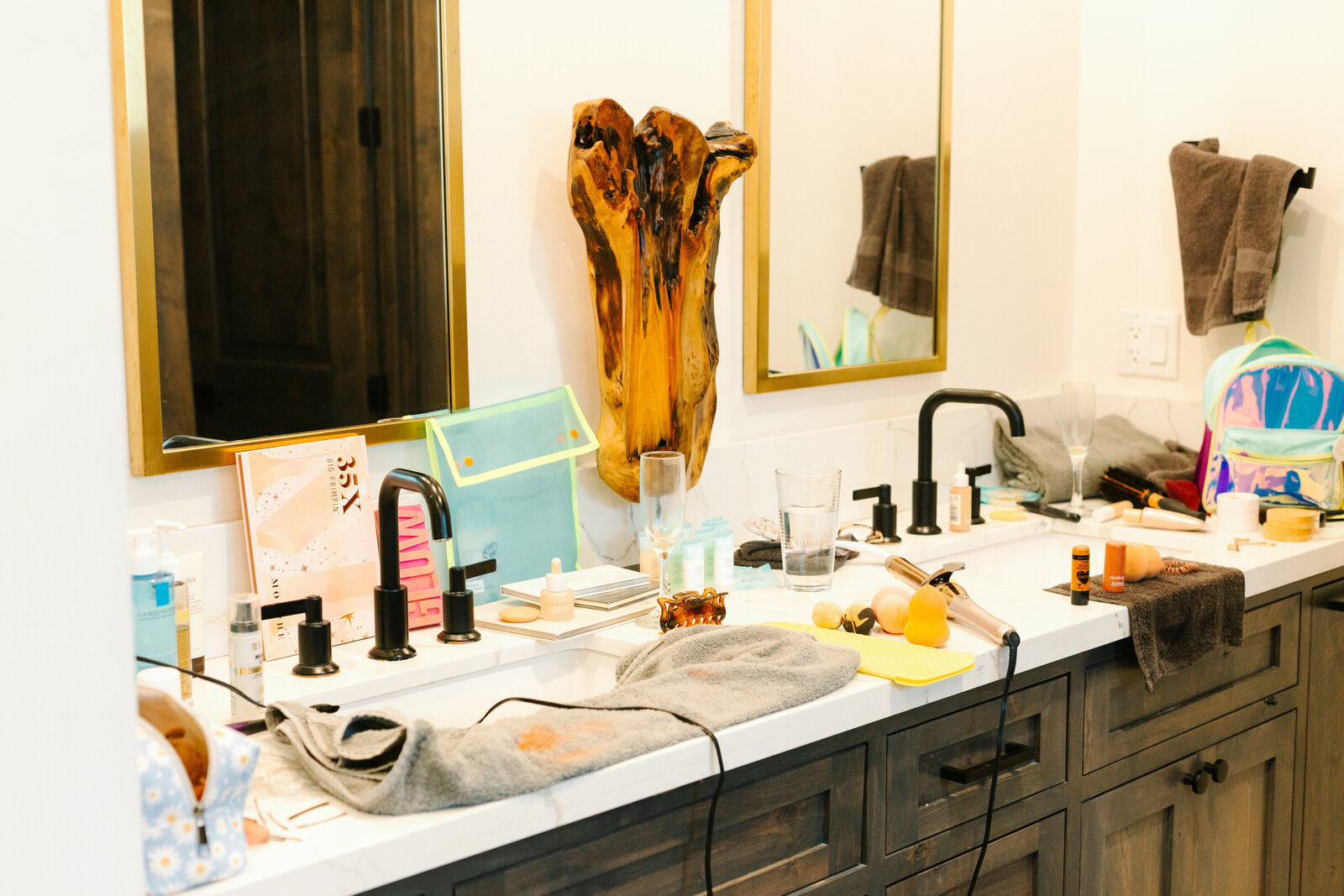 A boho bride celebrates her intimate elopement at a cabin at Big Bear Lake, California.
