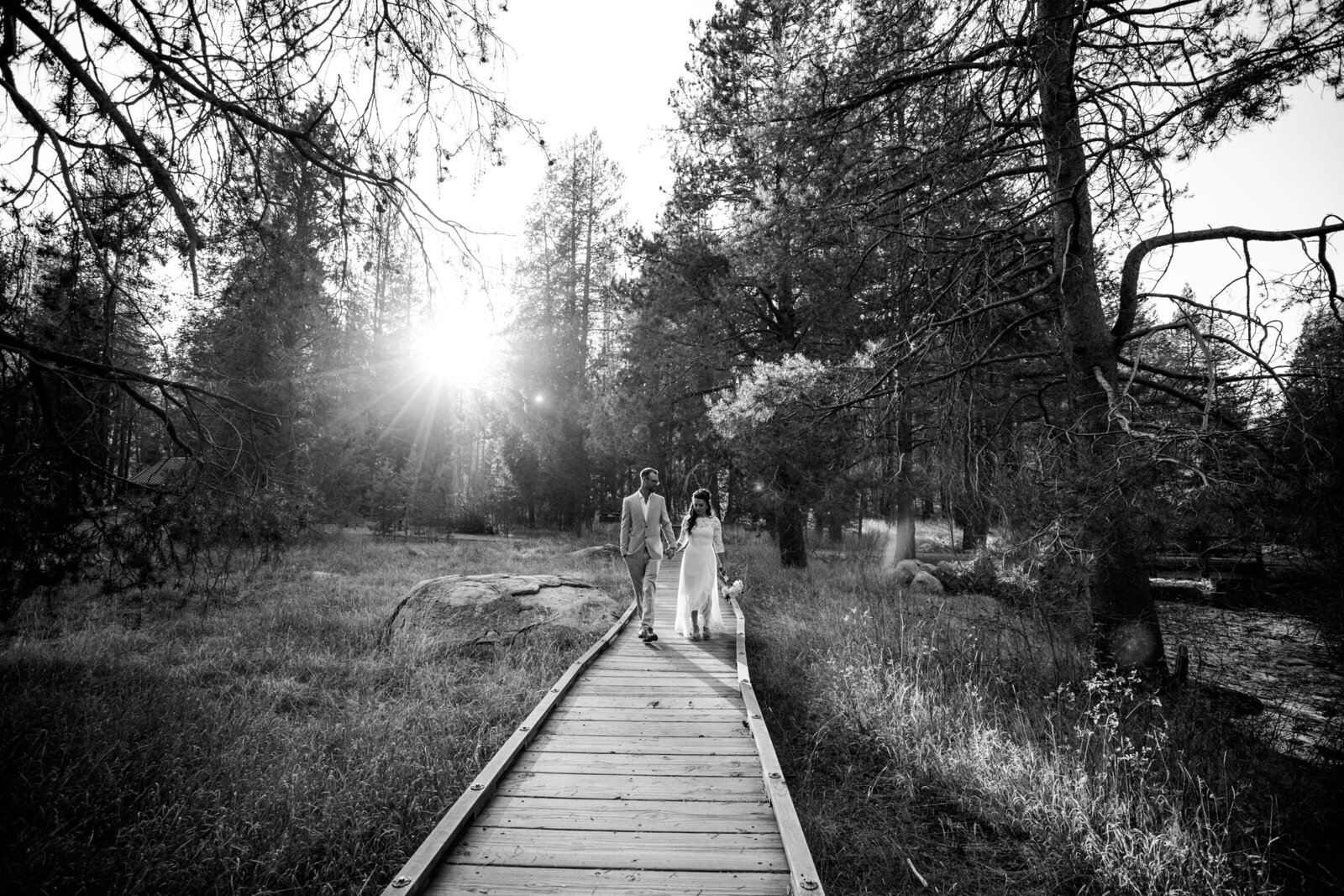 Black and white photo of a couple walking hand-in-hand on a wooden boardwalk through a serene forest, with the sun streaming through the trees near Yosemite National Park