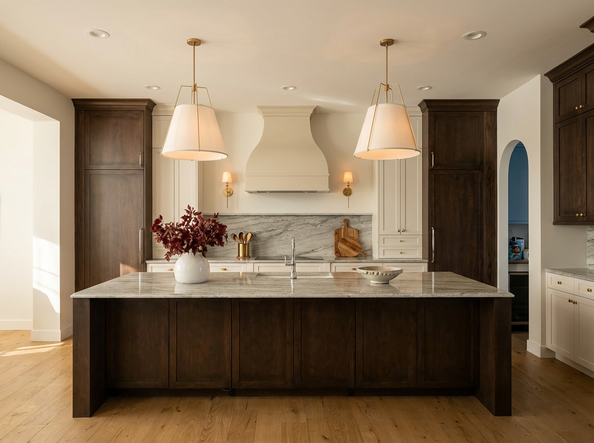 Custom kitchen with inset cabinetry, marble countertops and brass hardware designed by Bucklin Design Co.