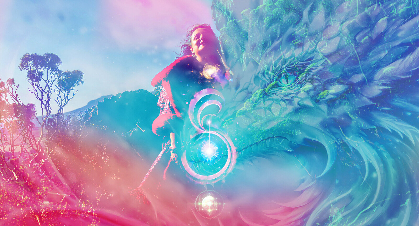 Woman on a mountain in vibrant colours, fiercely claiming her freedom.