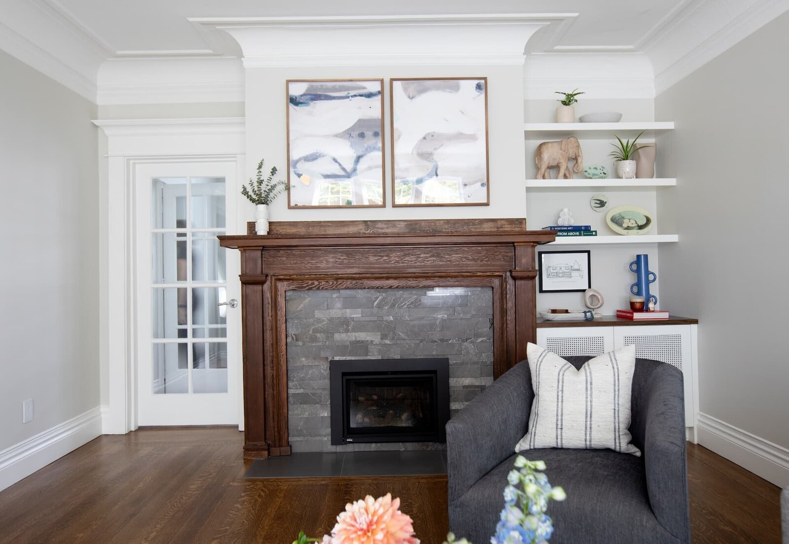 Granville Street l Living Room l Diptych Art over Fireplace with Custom Built-in