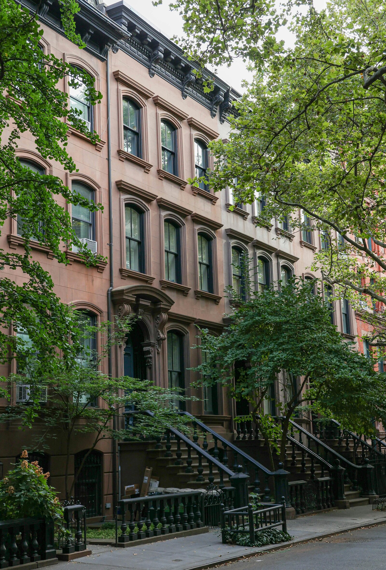 Tree-lined street with brownstone houses in Brooklyn, New York.