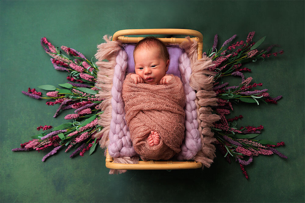 newborn-baby-craddle-bamboo-rich-forest-green-background-floral-butterfly-layers-artisty-heirloom
