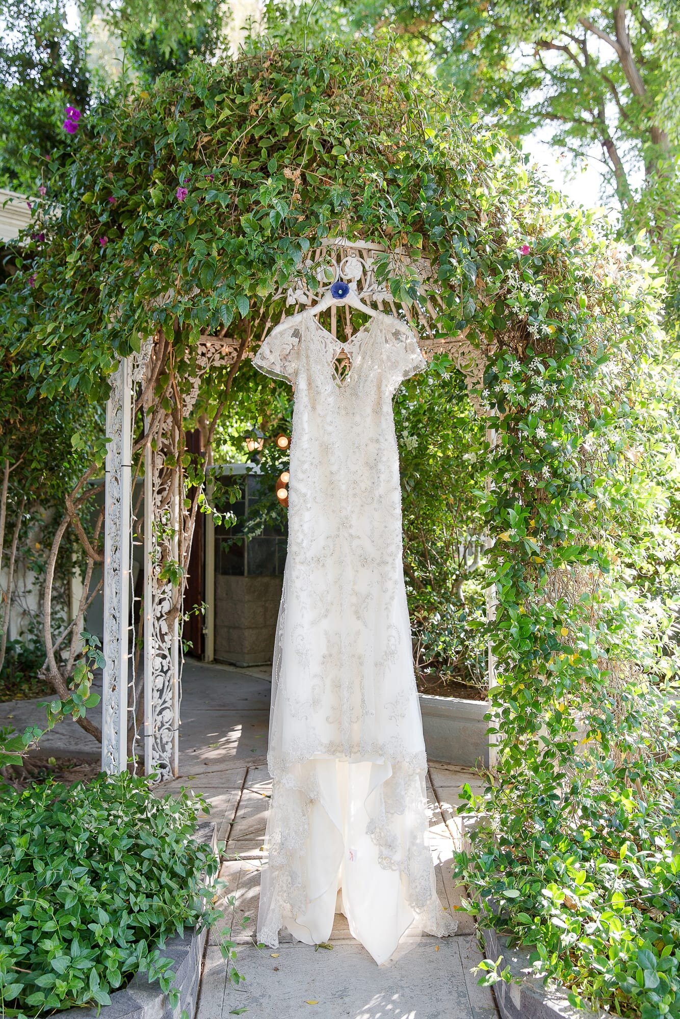 bridal-gown-hanging-from-arch-with-greenery