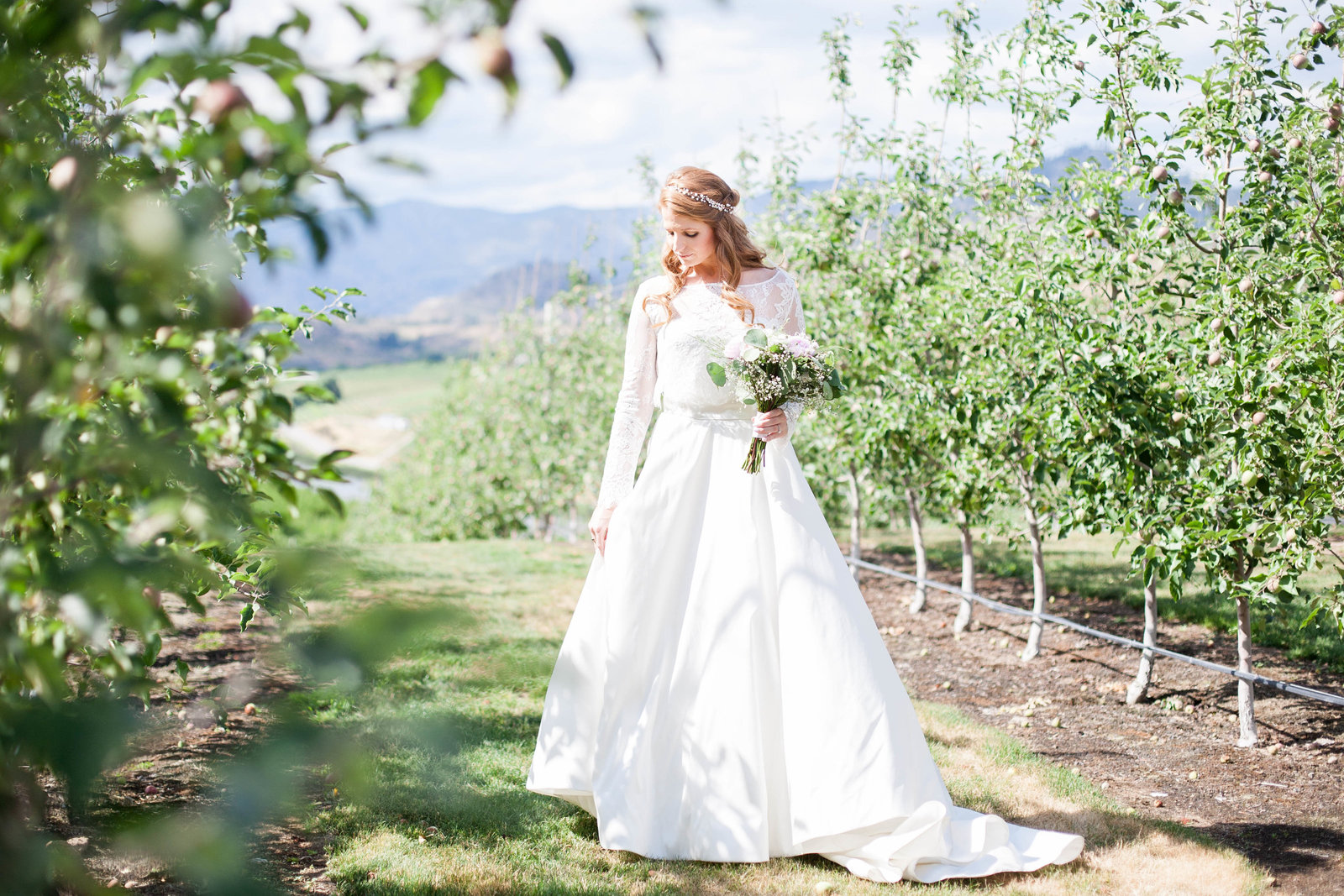 A Wenatchee wedding featuring the bride in an orchard, holding a bouquet.