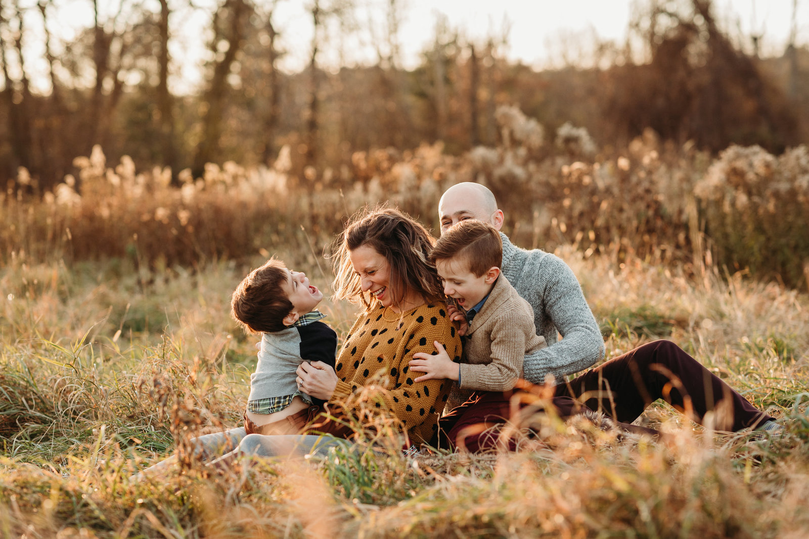 family with two boys sits in grass at sunset for boston family photos