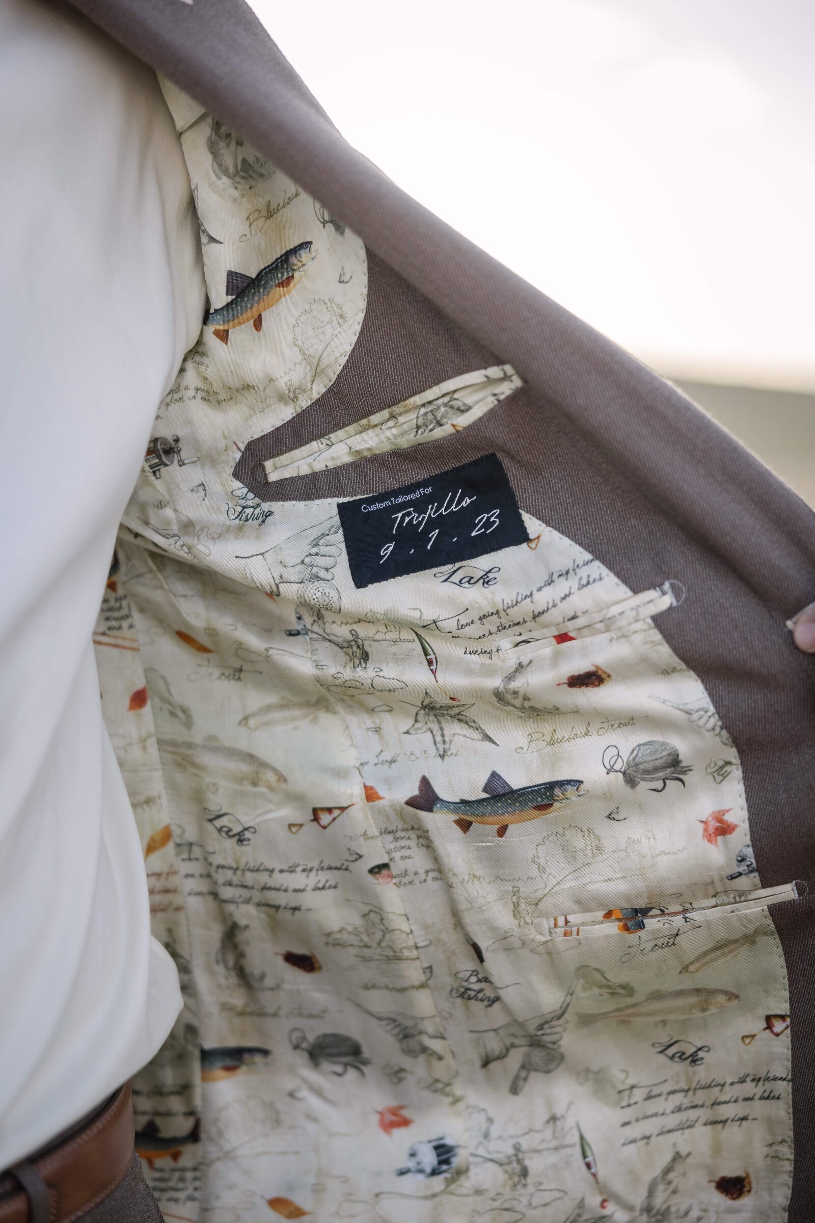 custom fly fishing suit jacket for groom