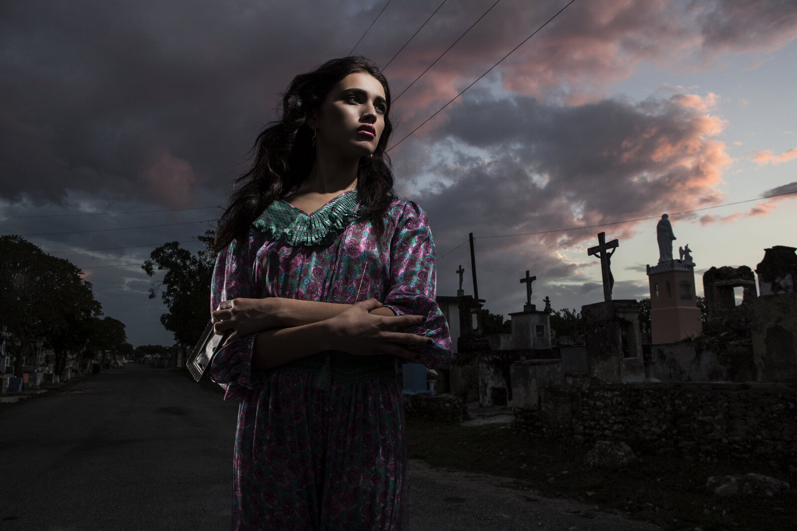 makeup on model stading on celetery in Mexico
