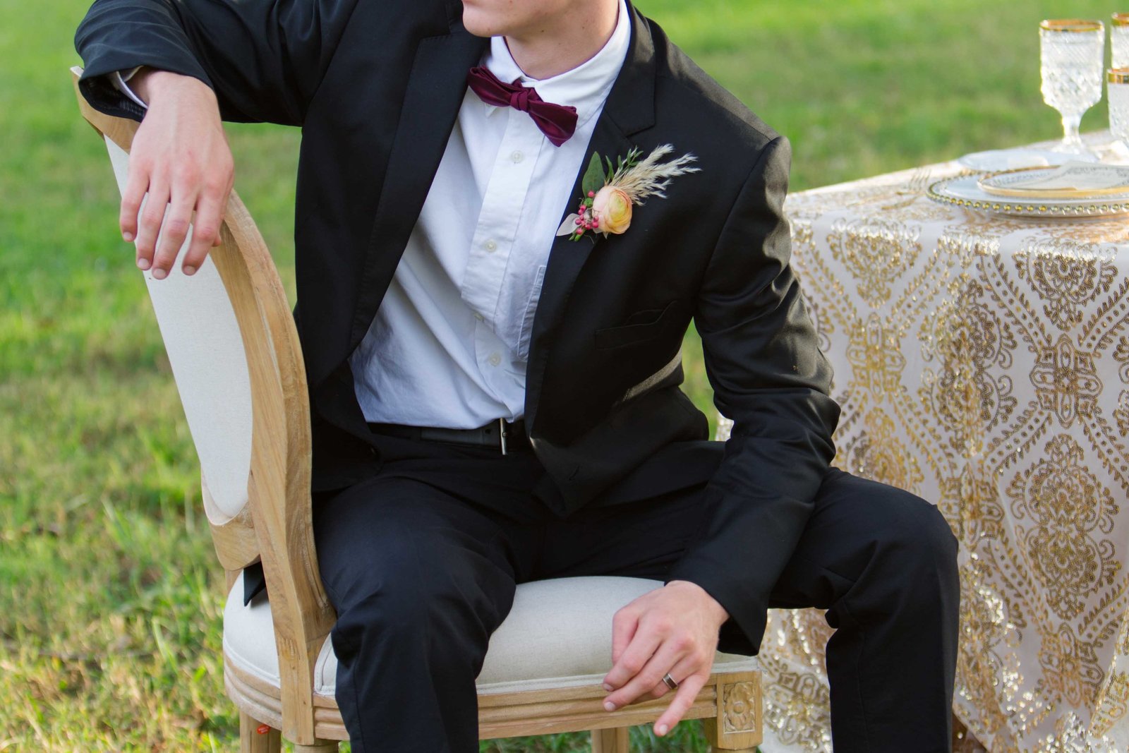 Great gatsby groom details with bowtie and boutonniere