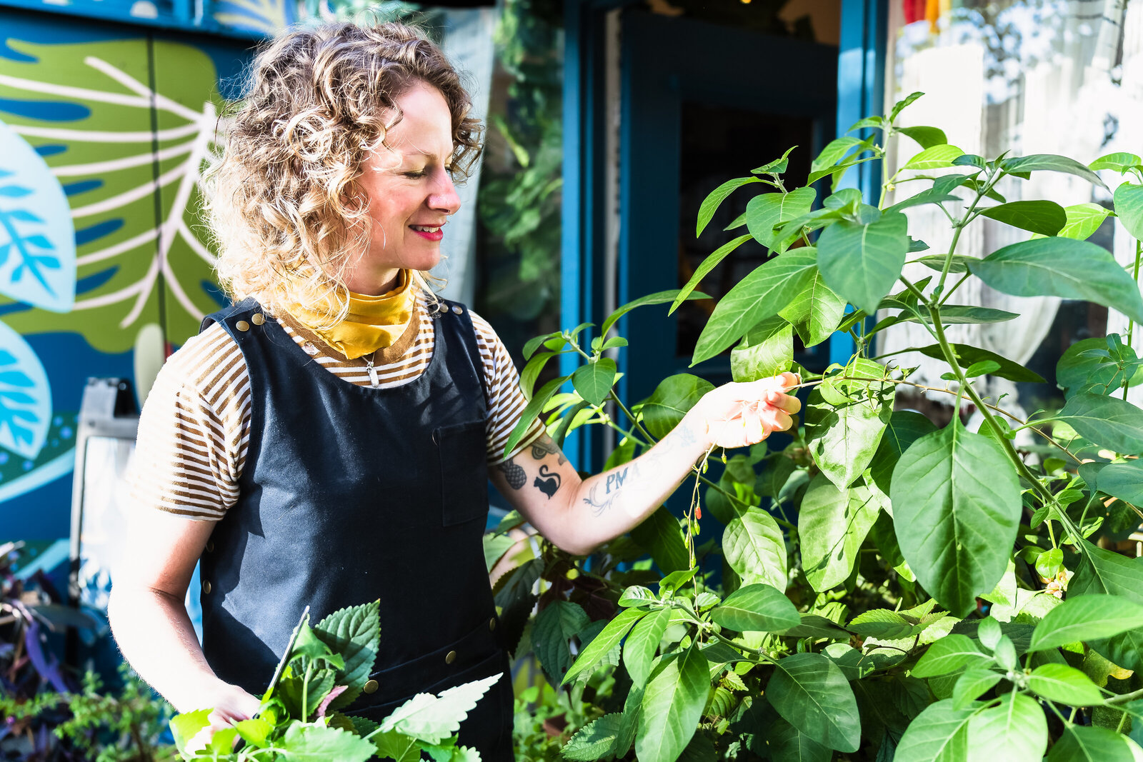 small business owner takes care of her plants in her acupuncture studio