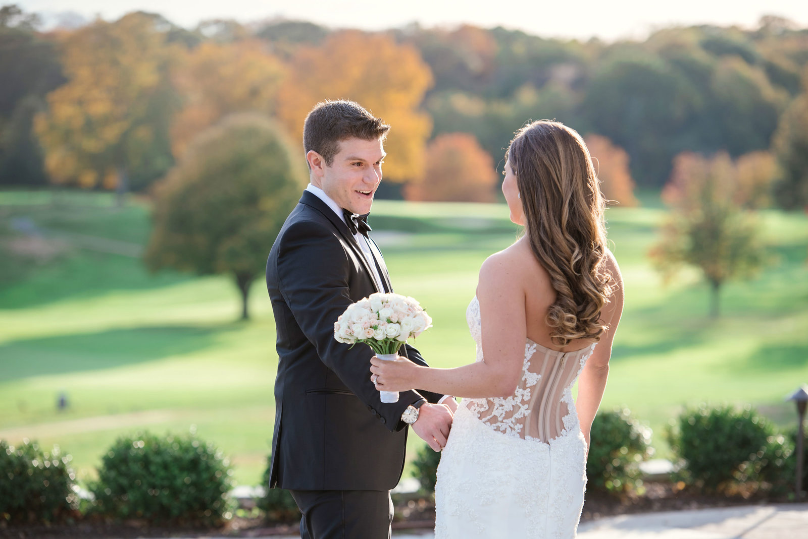 bride and groom during first look at Glen Head Country Club