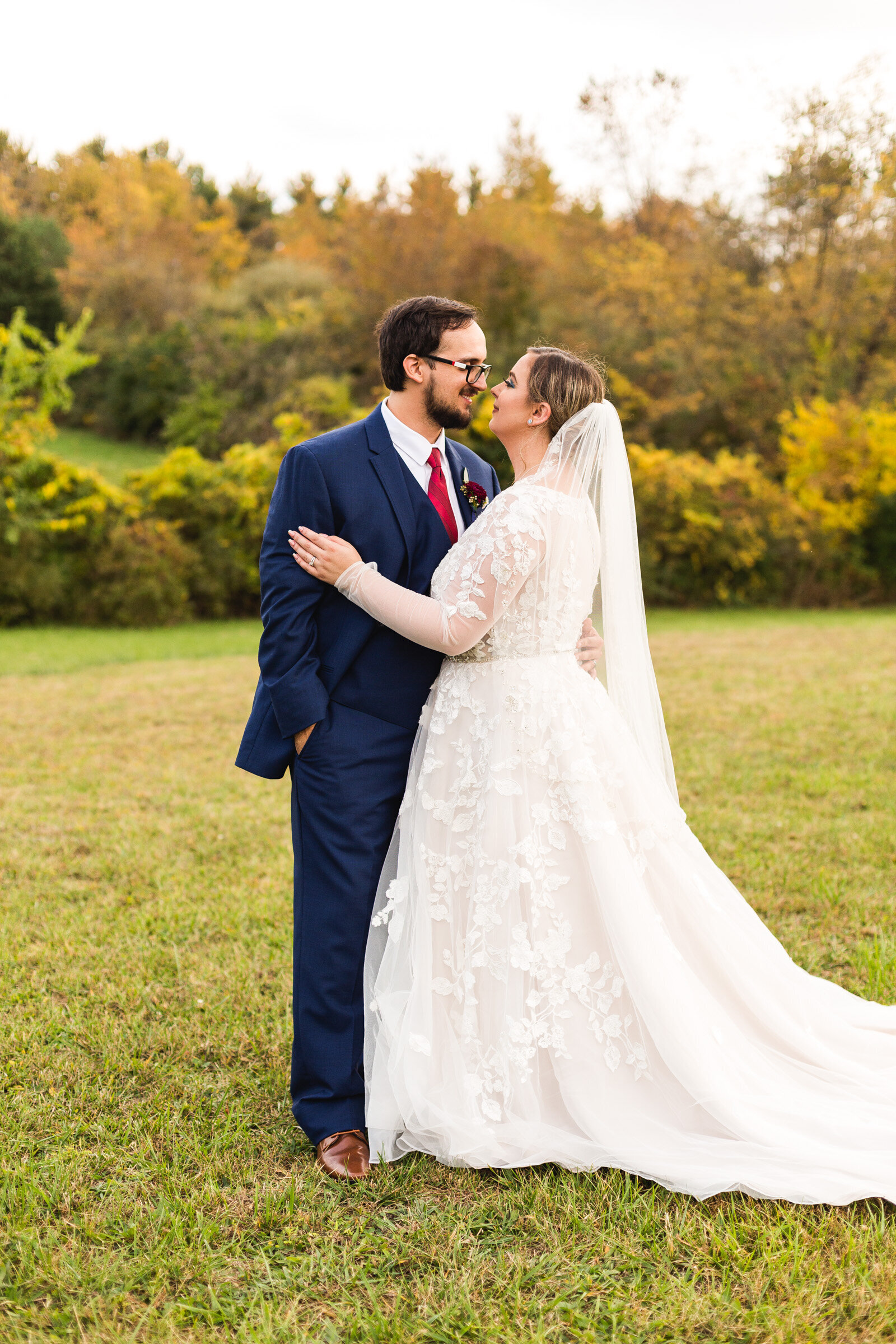 bride and groom candid moment at fall wedding ohio