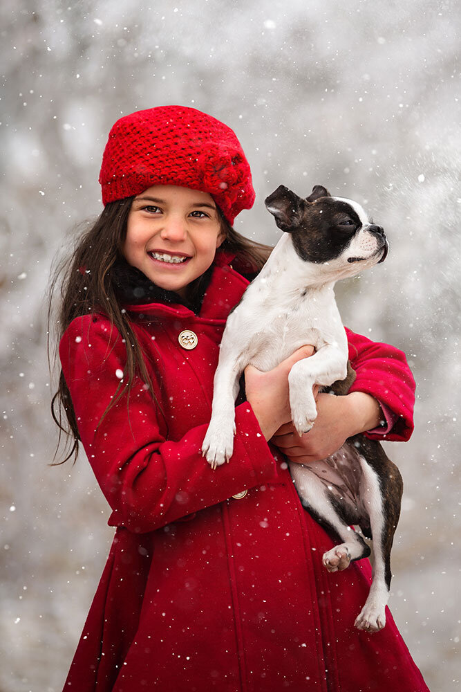 classic-red-coat-hat-snowing-holding-boston-terrier-puppy-timeless-winter-wonderland