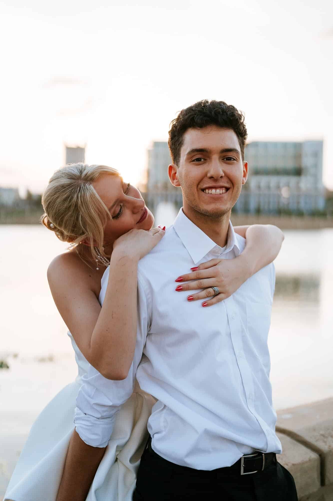 Golden hour couple portraits at Lake Mirror - Magnolia Building Wedding