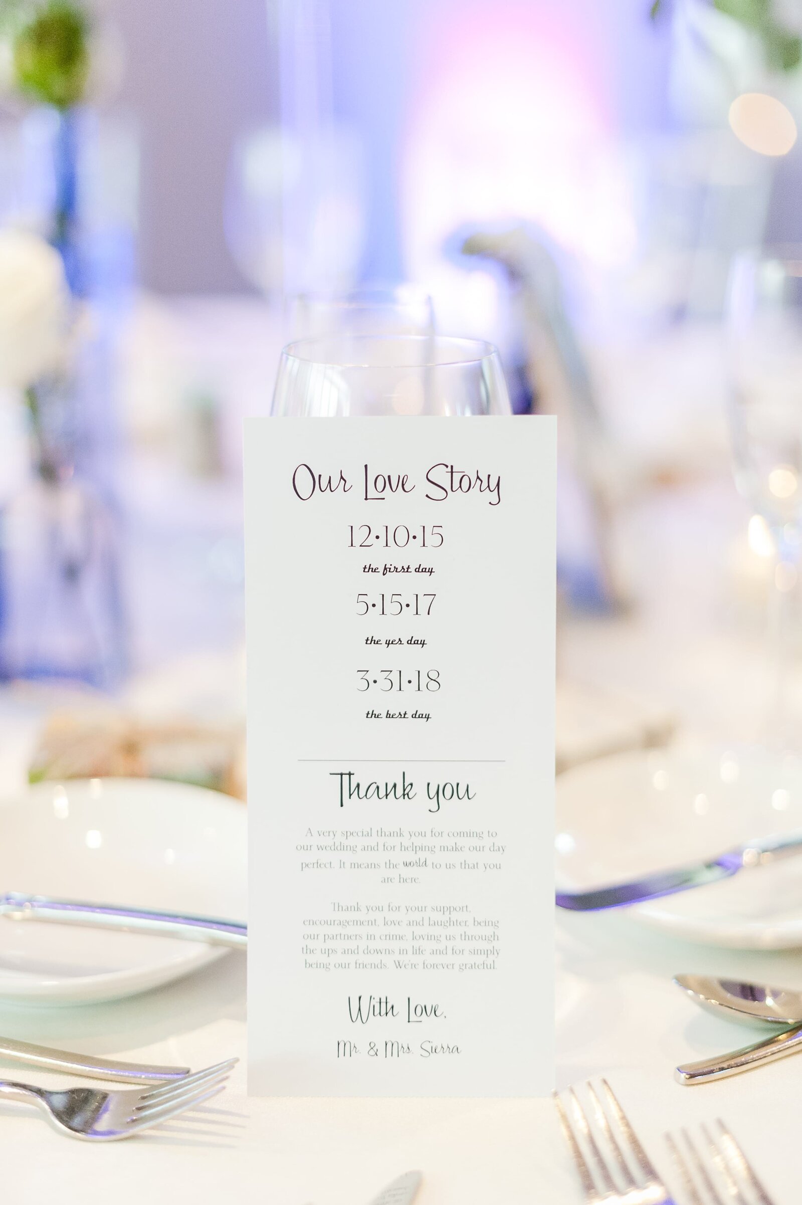 Wedding reception table card includes a thank you to their guests.