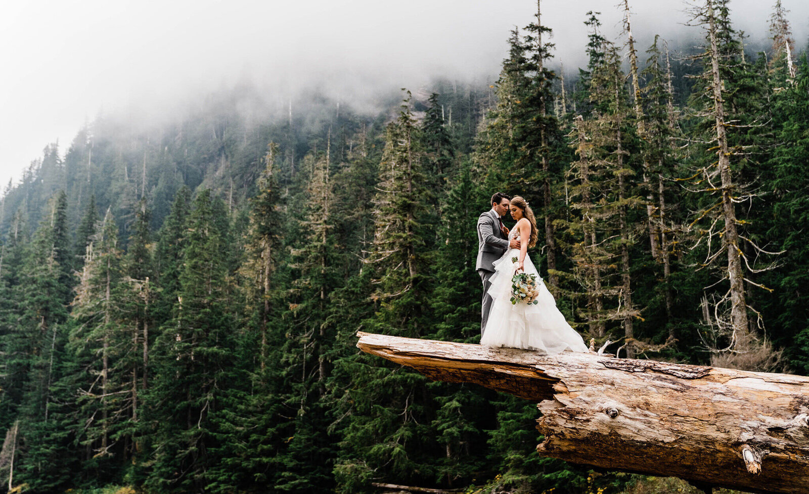 A couple hugs while standing on top of a large fallen log in the backcountry of Washington photographed by Washington elopement photographer Amy Galbraith