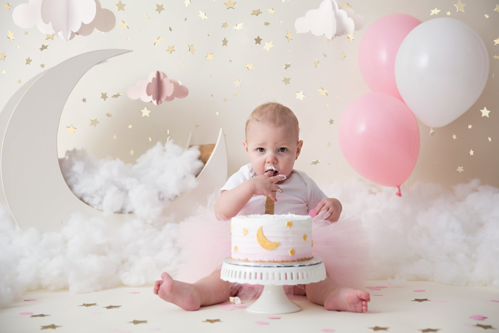 baby girl moon and clouds cake smash