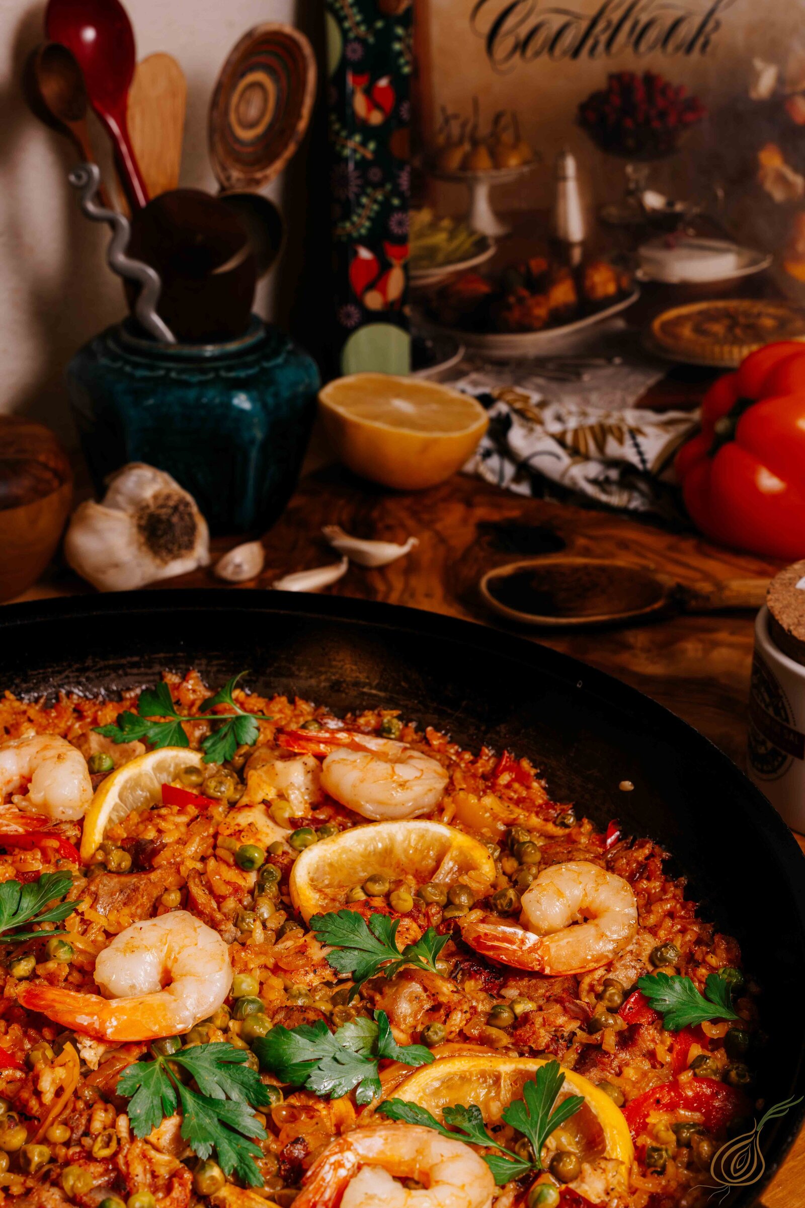 A generous pan of paella highlighting a vibrant and inviting culinary spread.