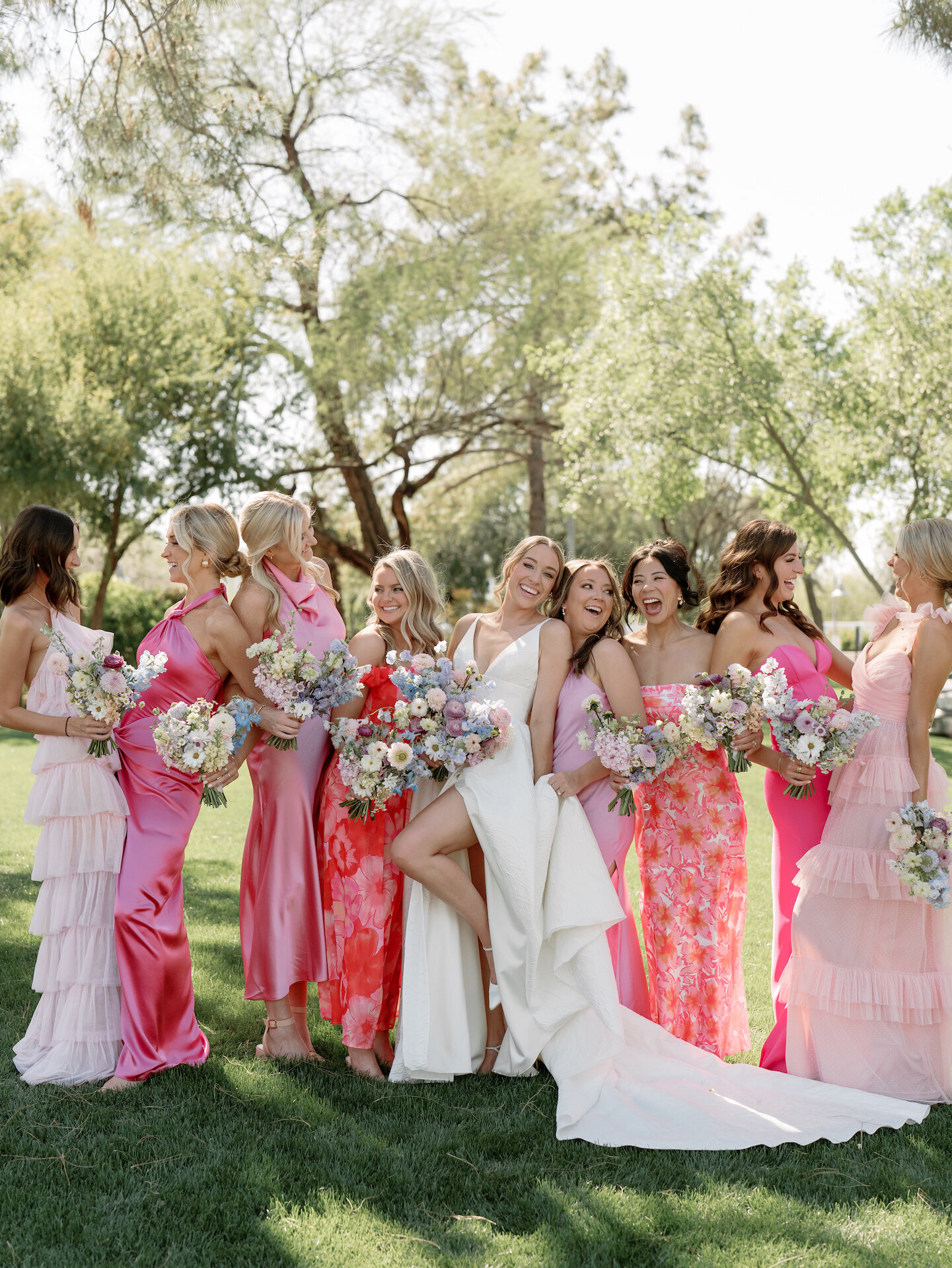 different-pink-bridesmaid-dresses-wedding-bouquets