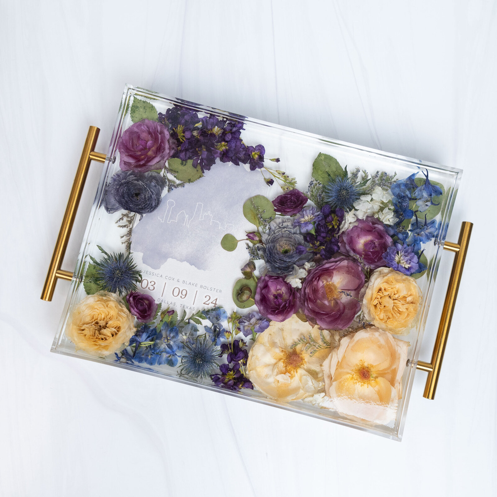 tray invitation gold purple blue thistle white JessieC
