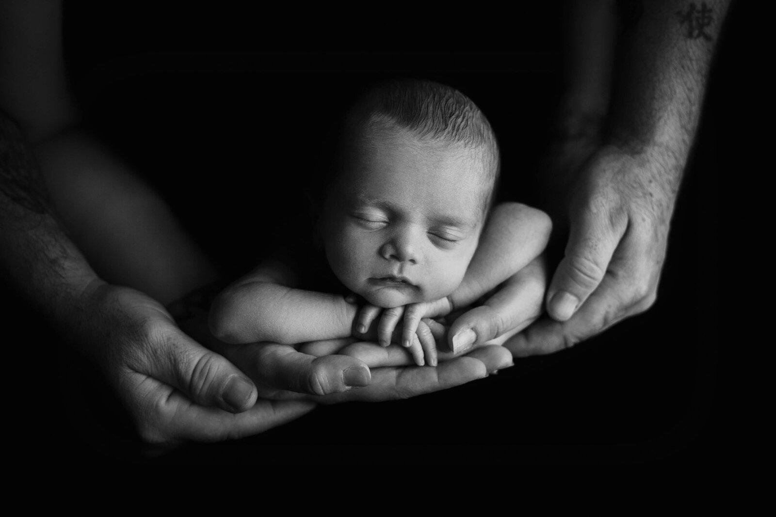 newborn photography photo in black and white of a newborn baby in mom and dads hands