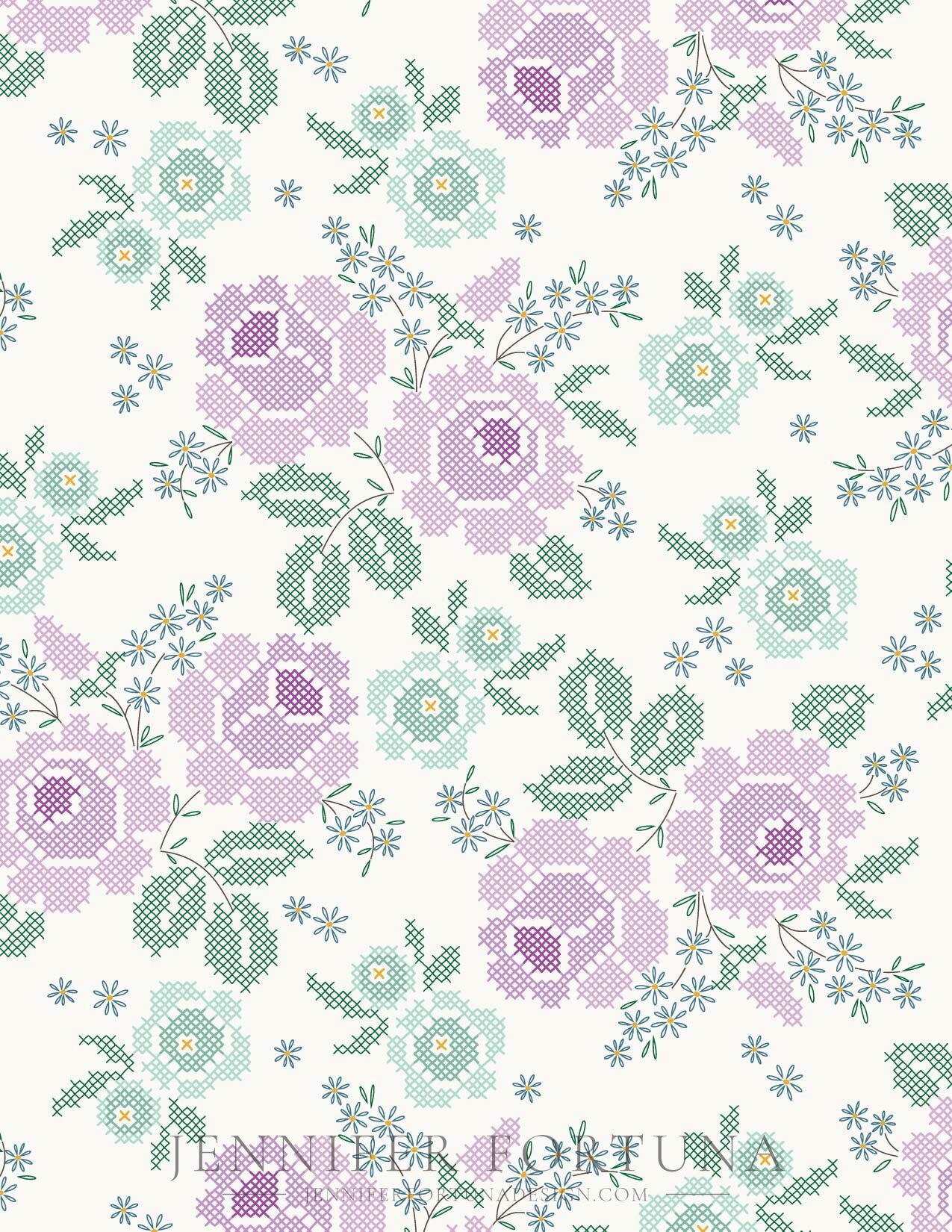 All over pattern of cross stitched flowers and leaves.