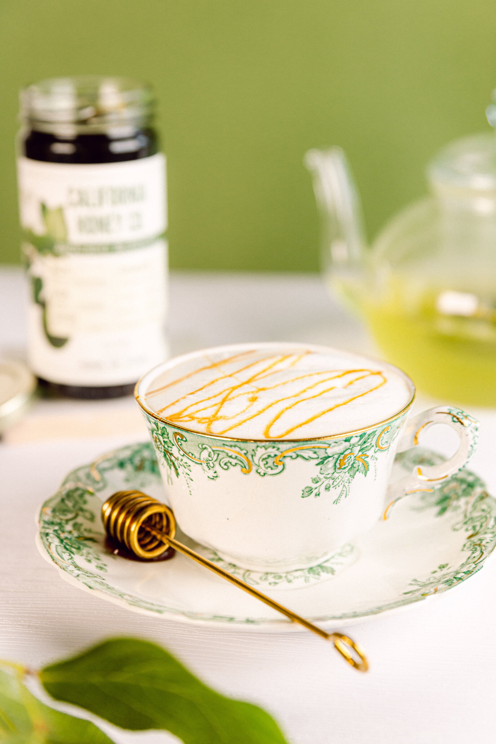 Green Green Tea coffee shop honey styled latte photography  by Chelsea Loren in San Diego, California