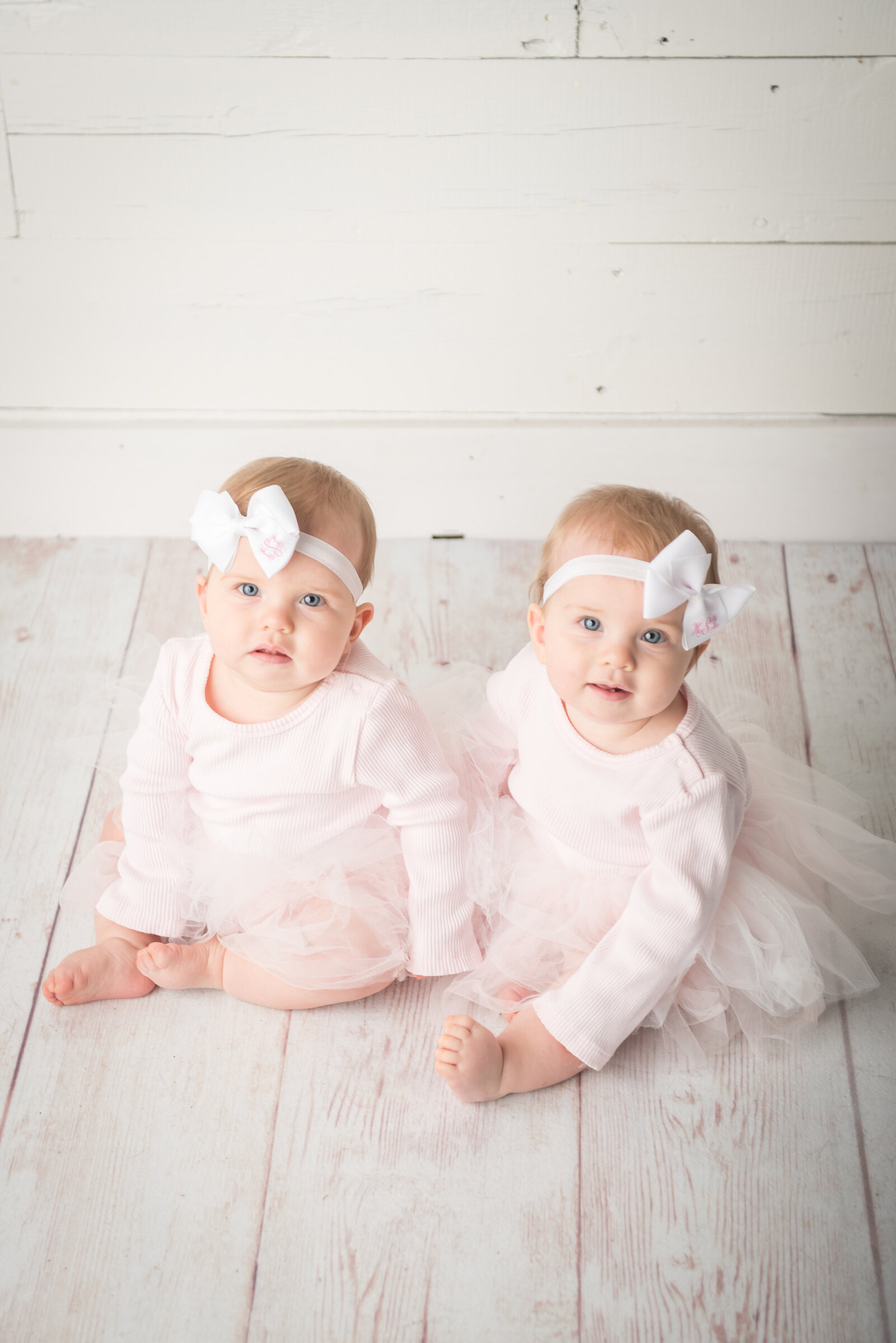 Twin baby girls sitting and smiling at Always Images studio in South Bend area
