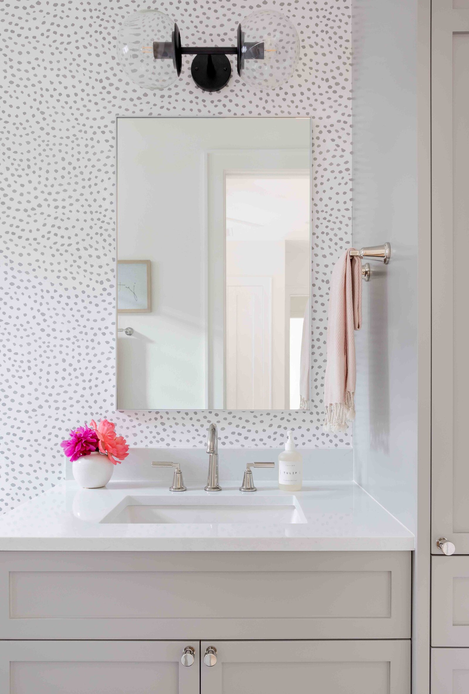 Nuela Designs Gray and White bathroom with polka dot wallpaper
