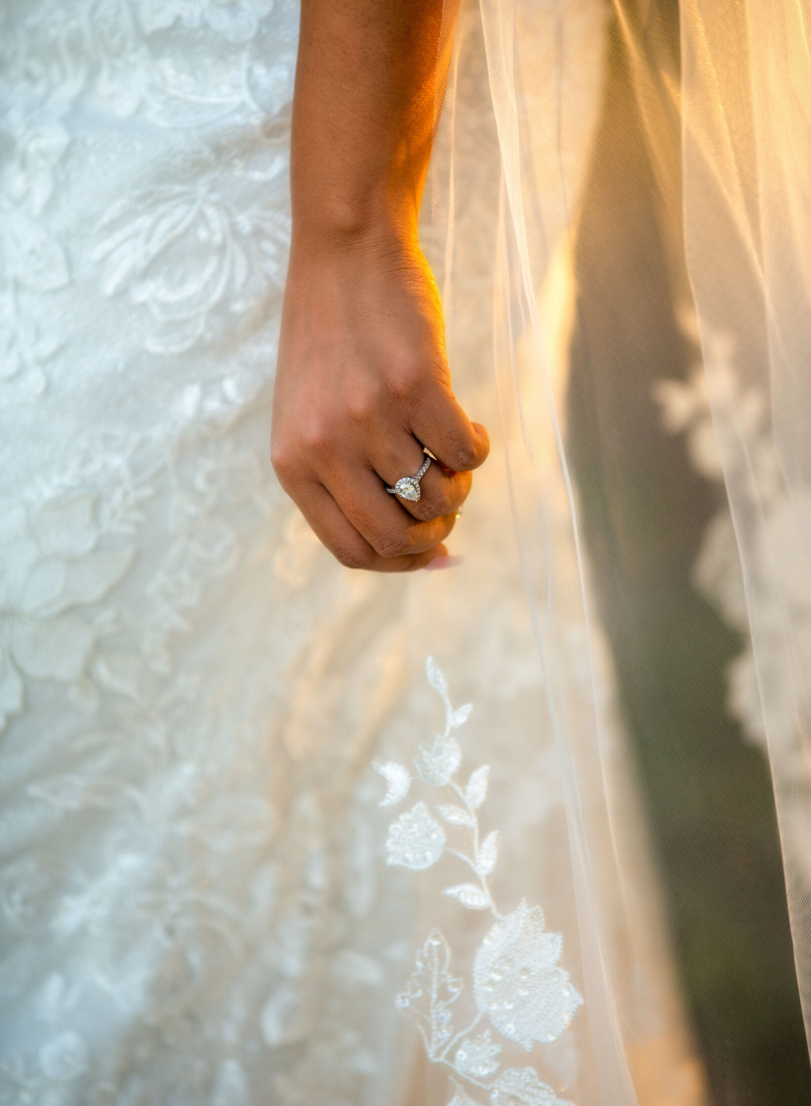 bride's ring and dress up close