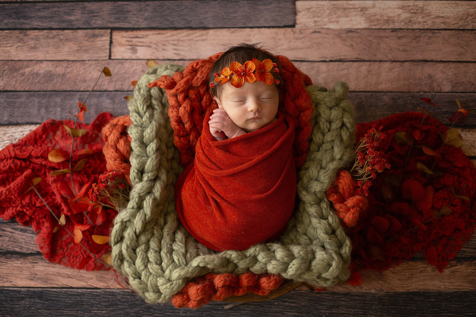 newborn-girl-session-with-rust-orange-sage-colors