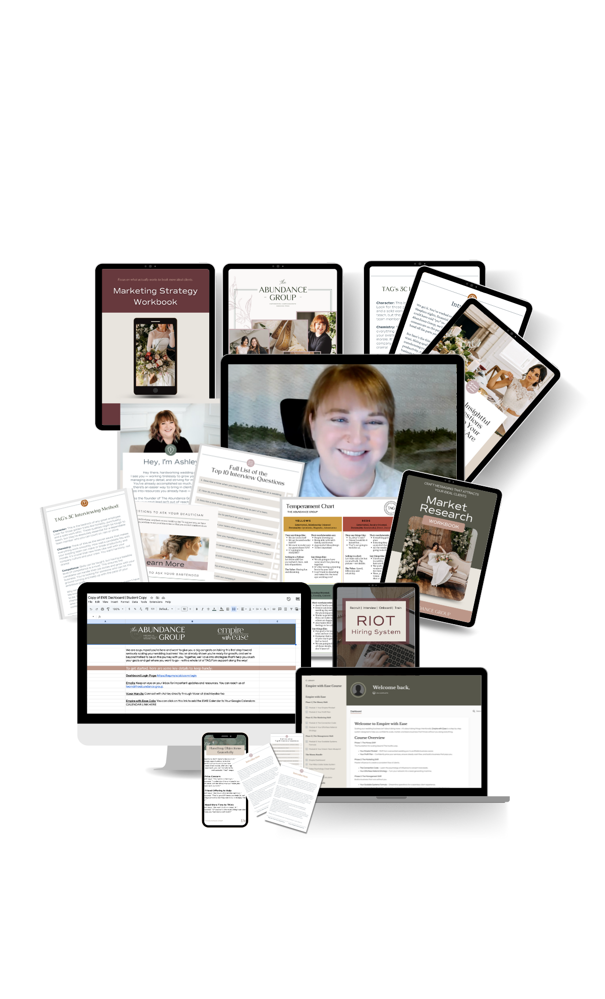 Mockup graphic of all the amazing resources that are included with the Empire with Ease course