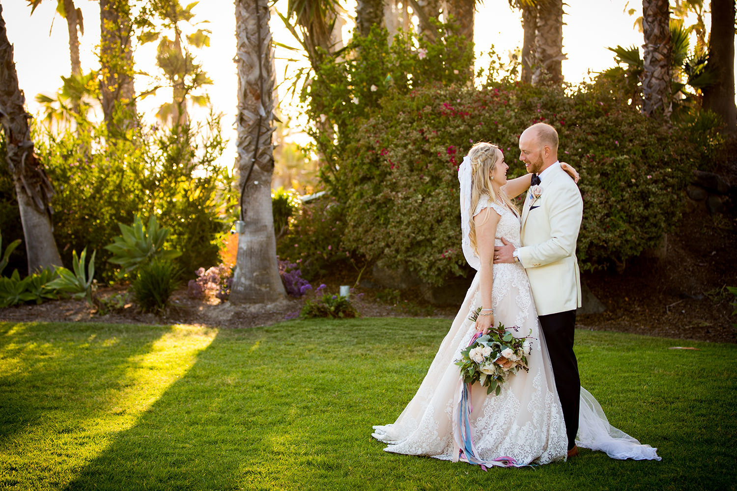 bride and groom looking at each other