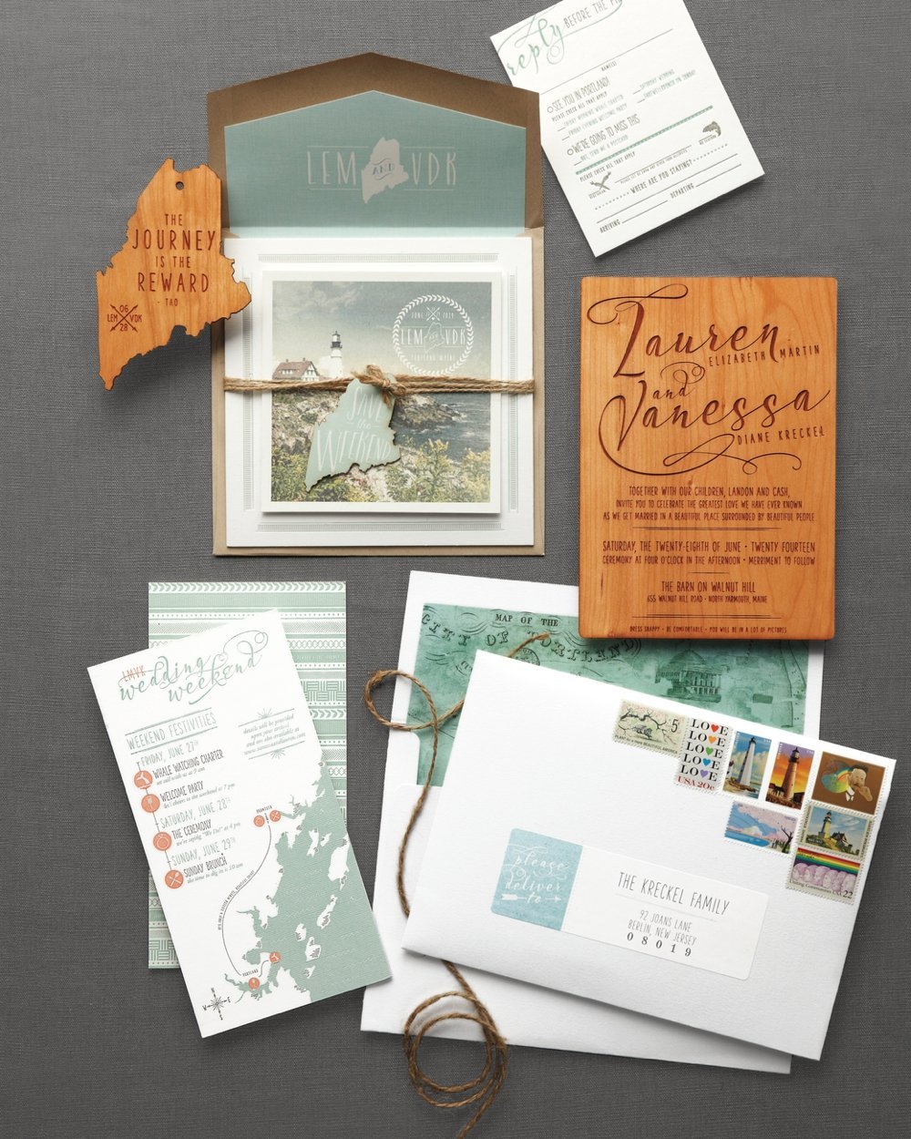 Rustic wooden wedding invitation suite for a destination wedding in Maine by two paper dolls and Jubilee Events