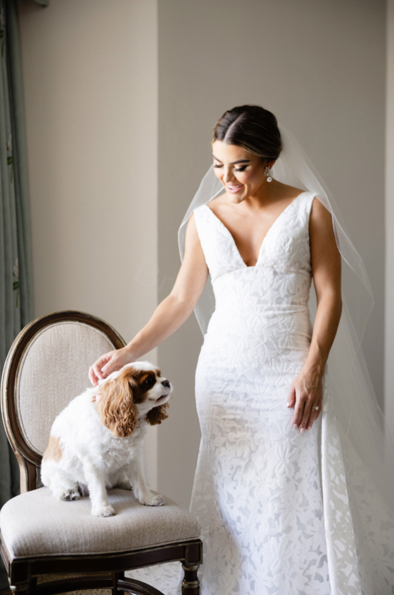 bride petting dog that's sitting on chair