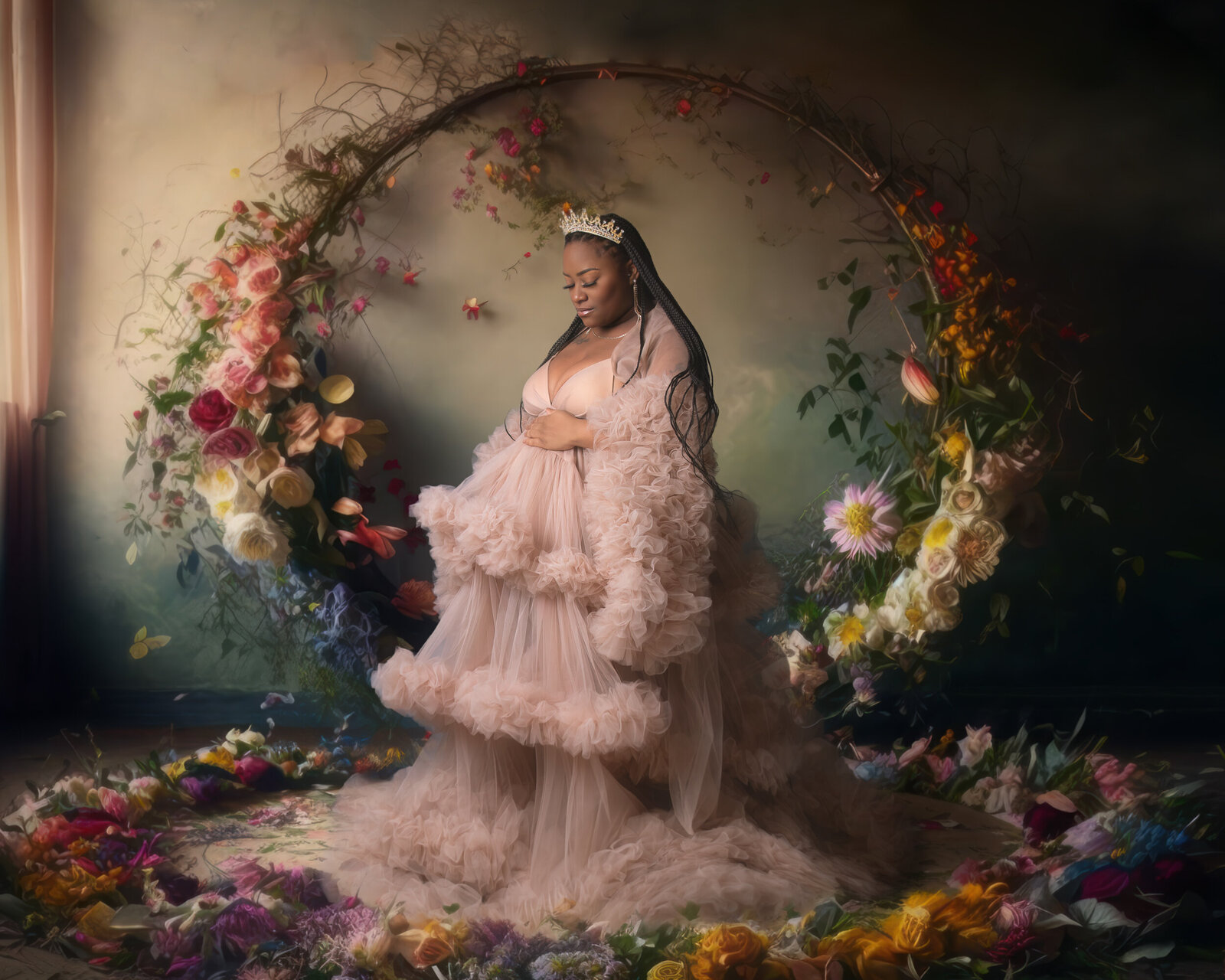 A pregnant woman in a flowing dress stands gracefully among vibrant flowers, radiating beauty and serenity.