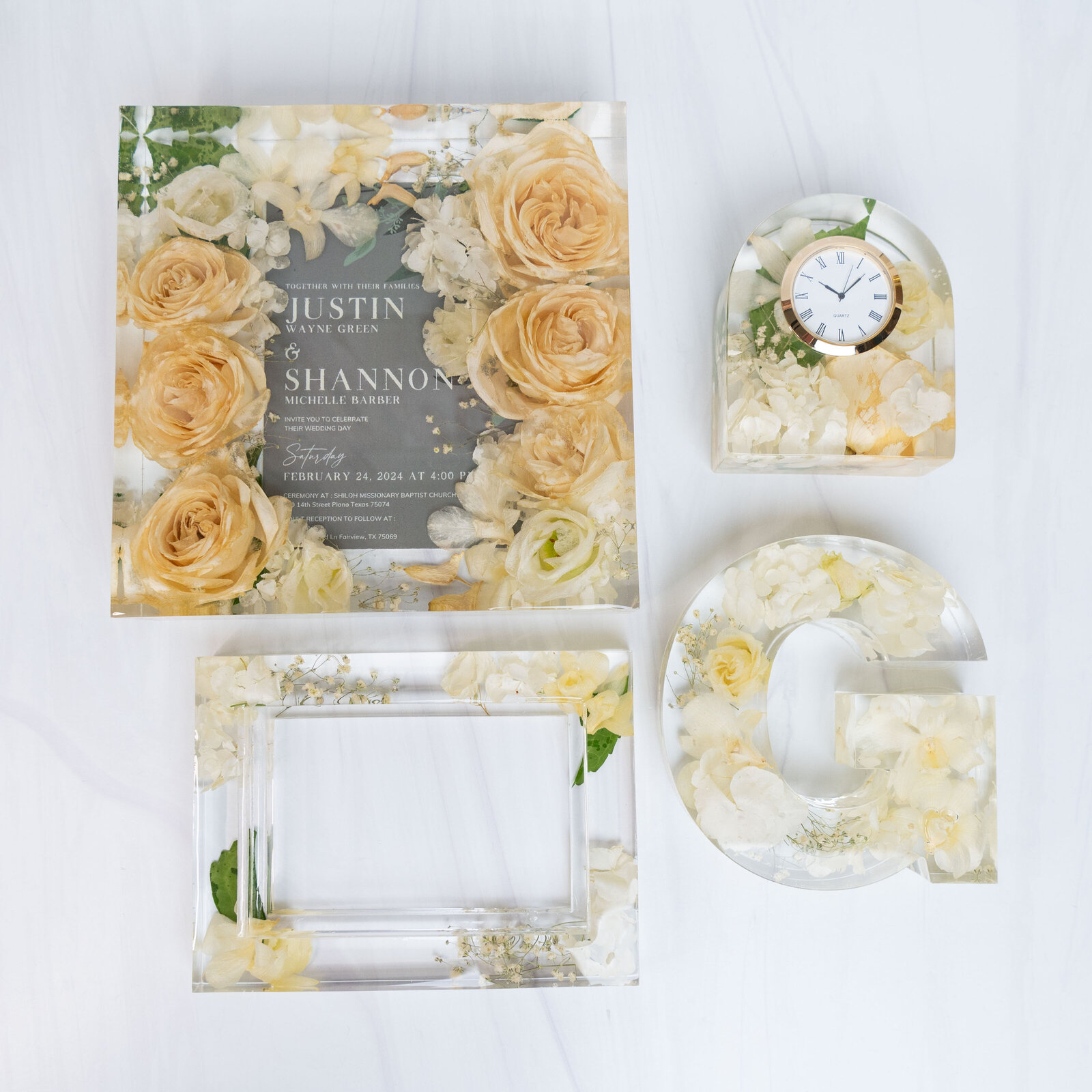 block9 frame clock gold orchid monogram white invitation ShannonG