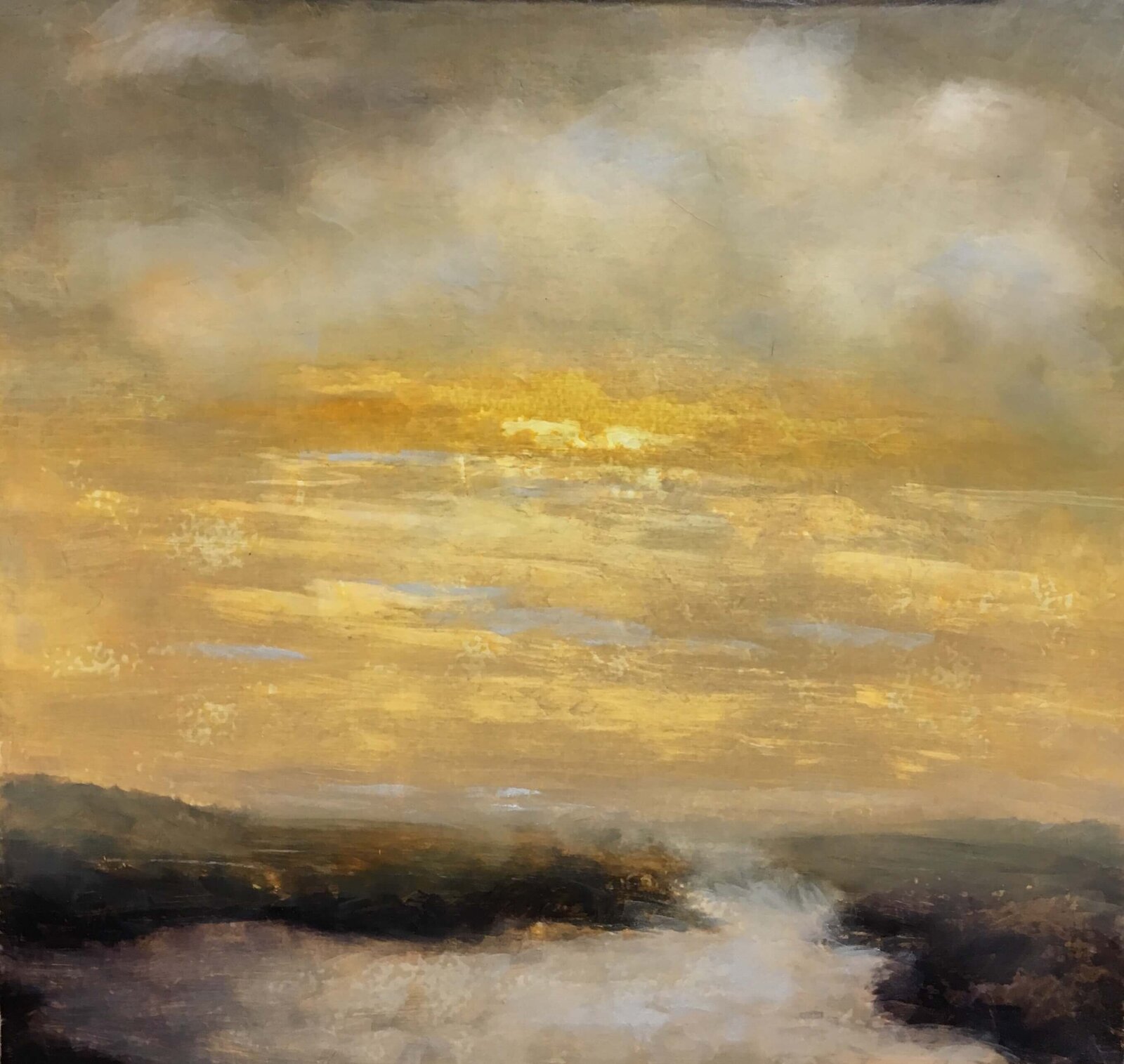 Oil painting by Jane Mishkind of a yellow sky with clouds and river