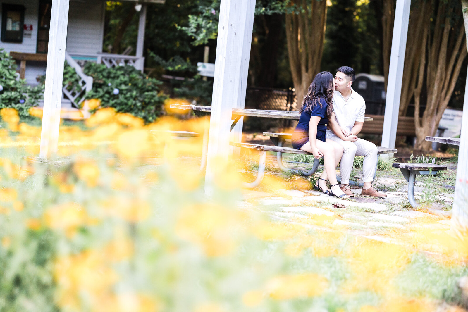 Couple kissing while sitting a bench in the park