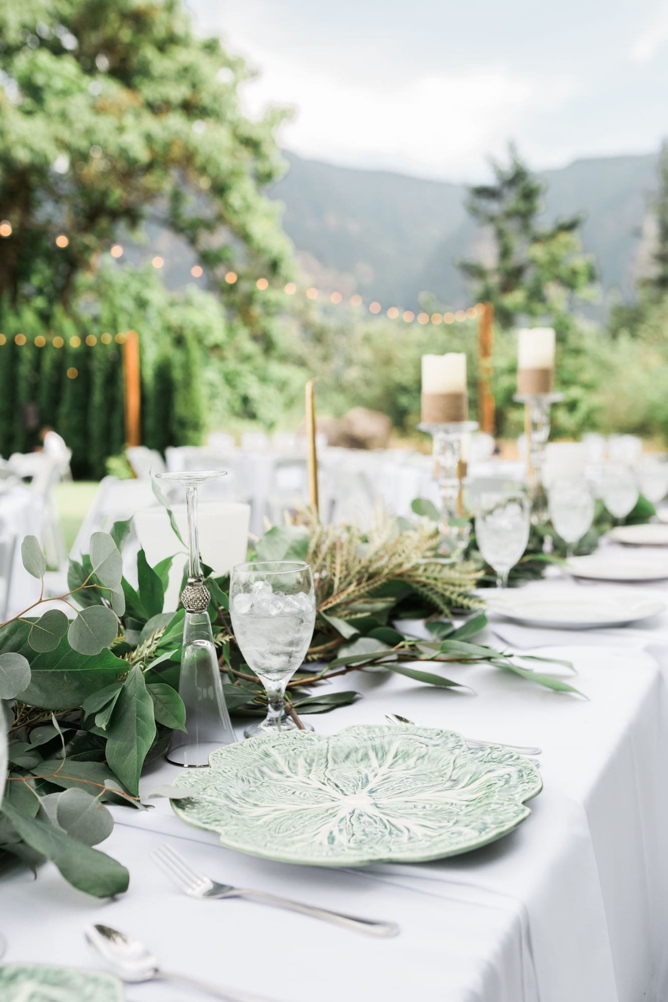 Outdoor garden party wedding table settings