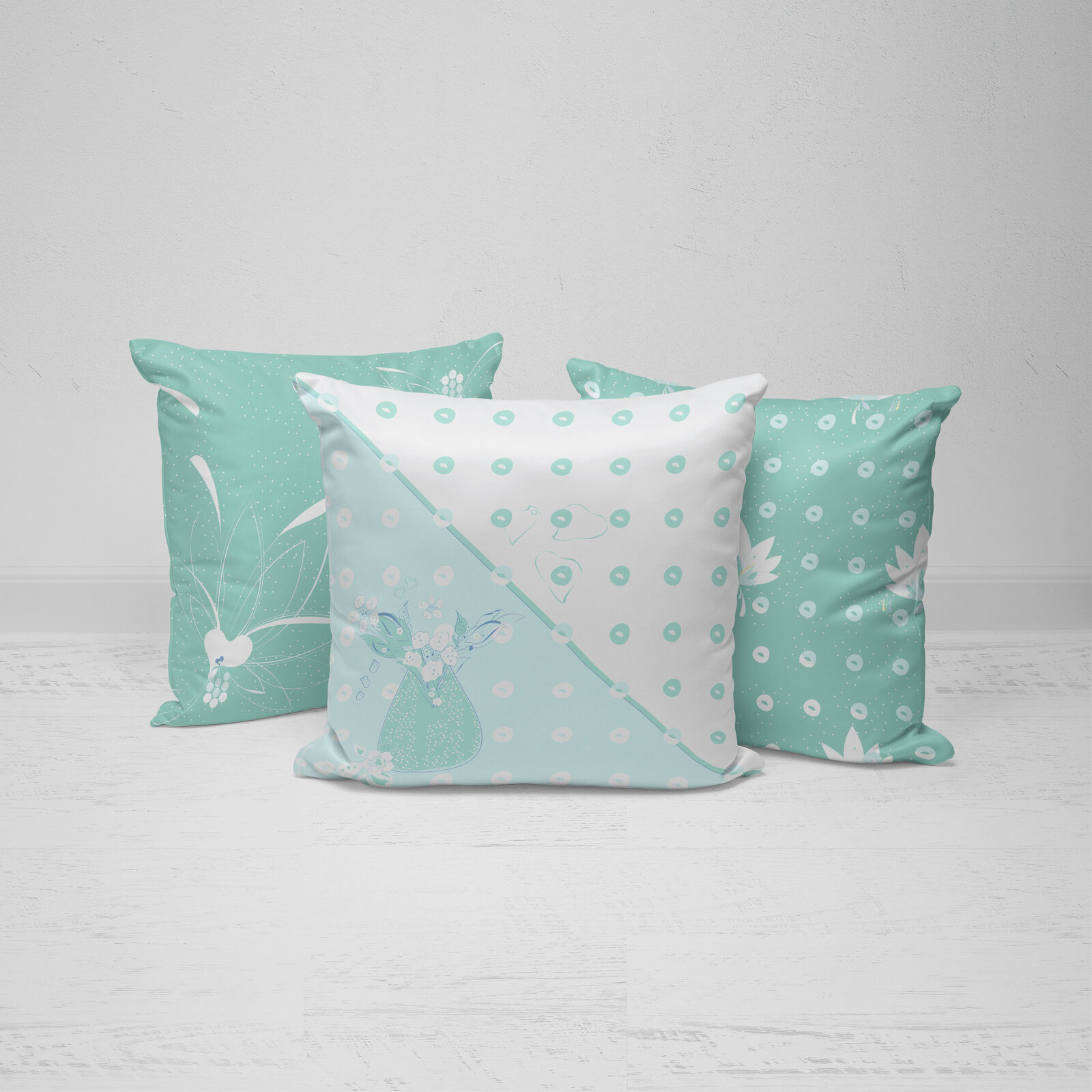 green and white patterned pillows