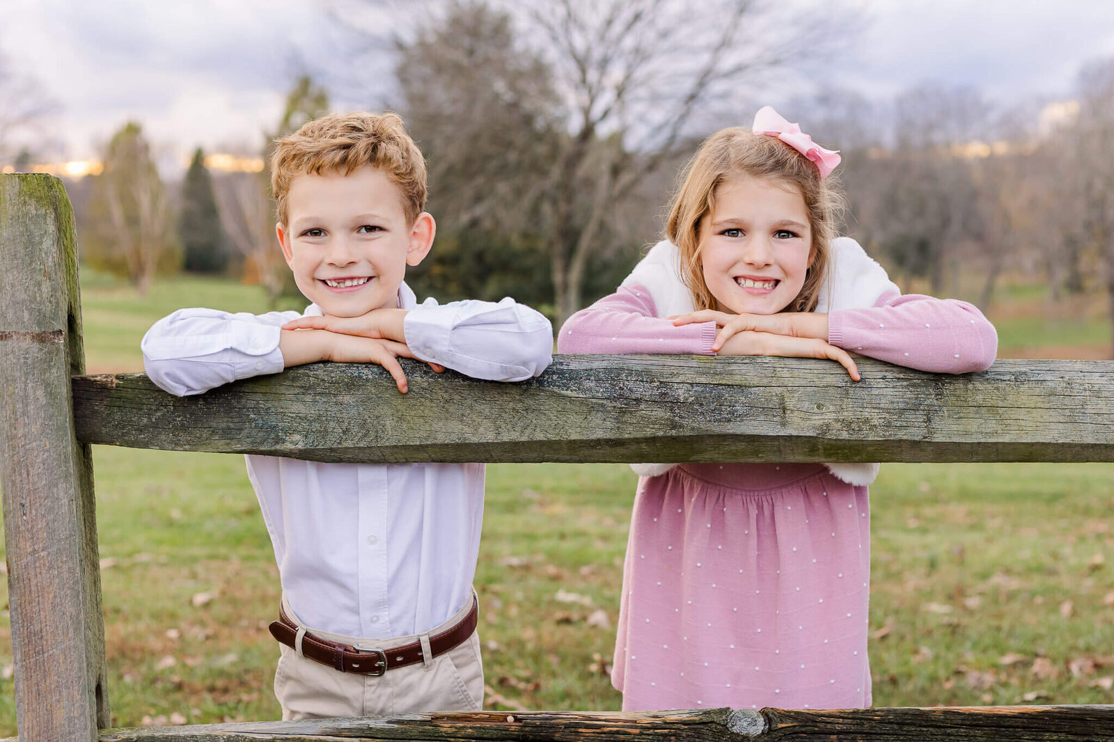 A brother and sister leaning against a fence and smiling.