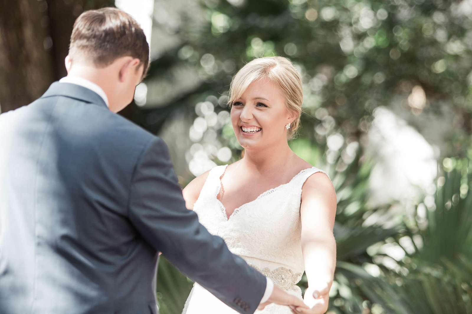 Bride and groom have first look, Wild Dunes, Charleston, South Carolina. Kate Timbers Photography.