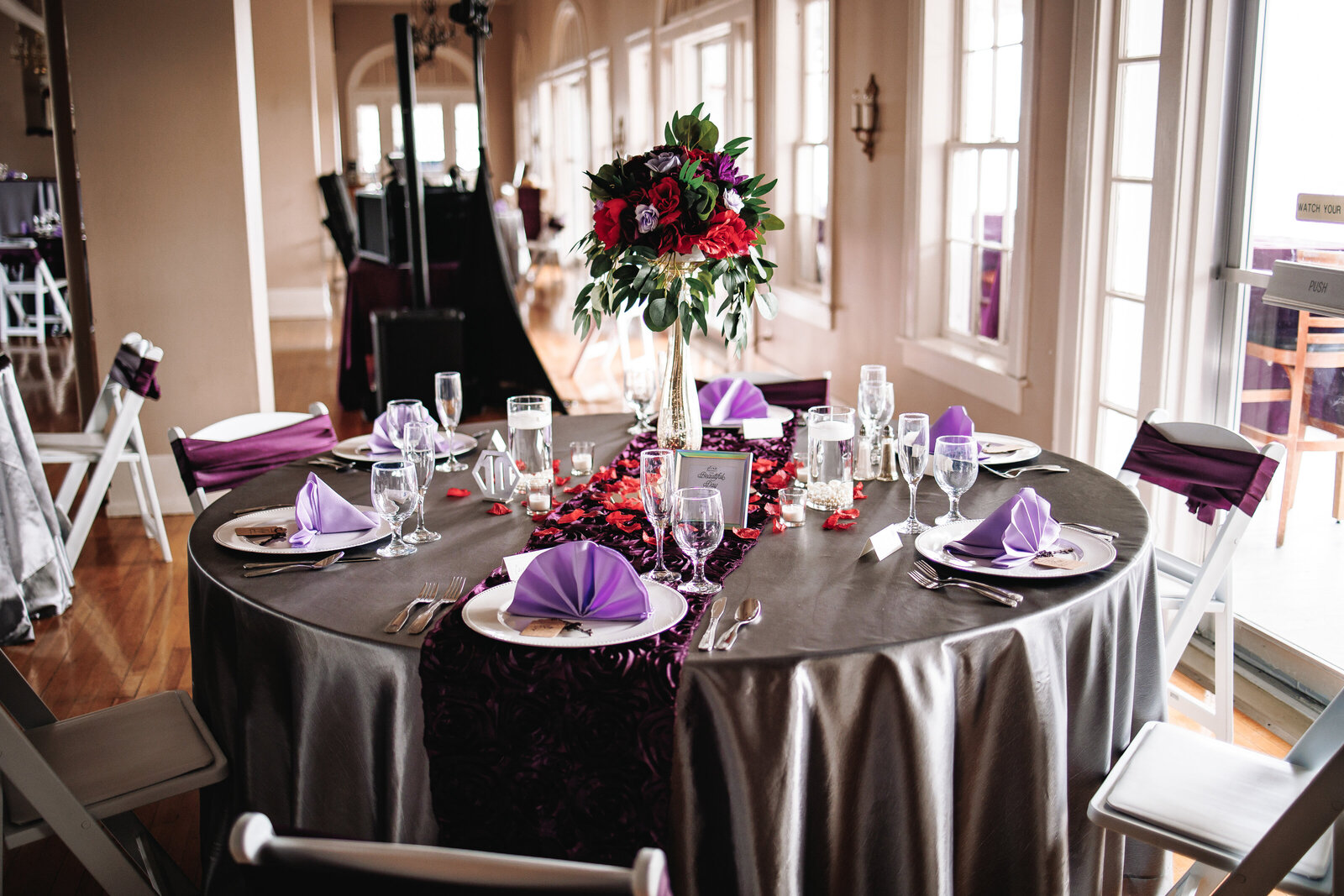 Beautiful dinner table setup at a wedding reception