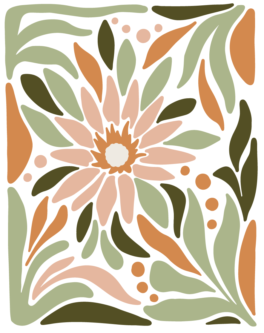 A series of intricate botanical illustrations in soft green, peach, and white tones. These decorative patterns reflect the natural, organic essence of the Herbalista Love brand, highlighting its connection to nature and wellness.