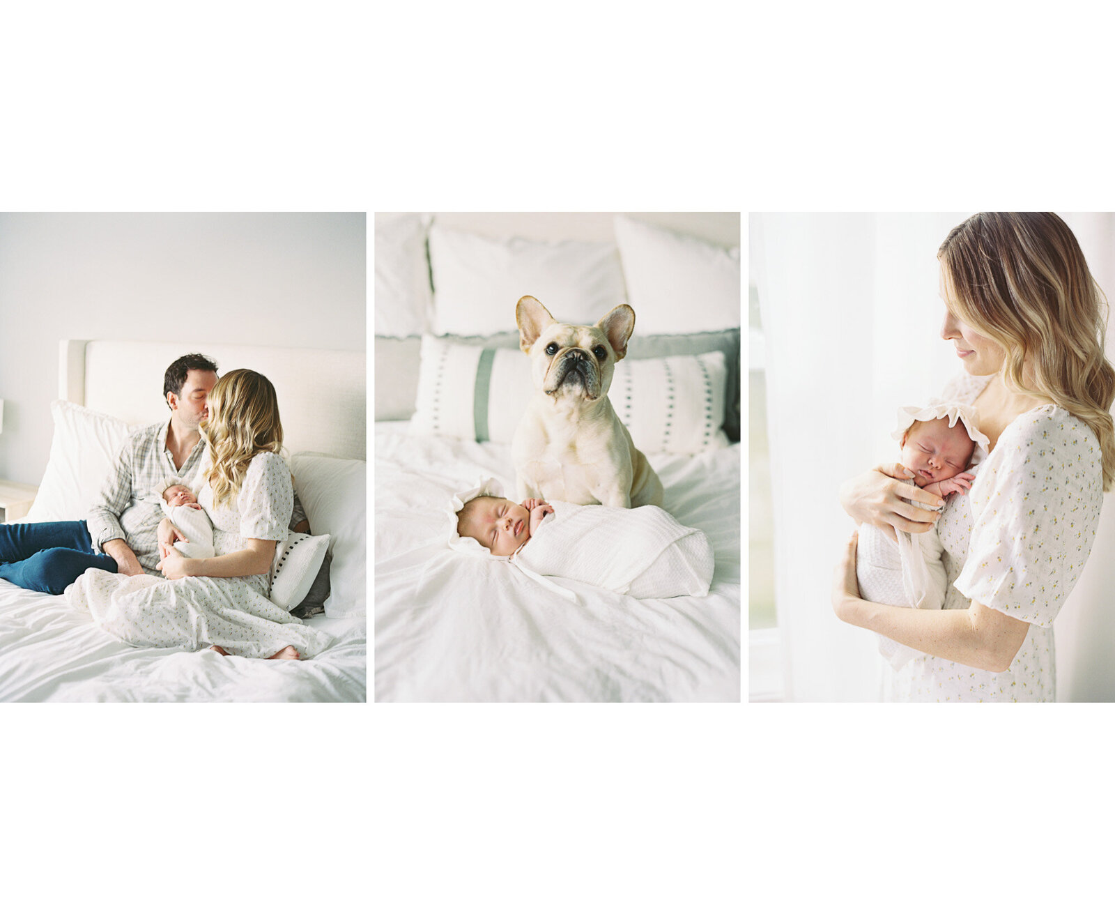 baby held by parents in a master bedroom during in home newborn session with NEWBORN PHOTOGRAPHY MADISON WI, Talia Laird Photography